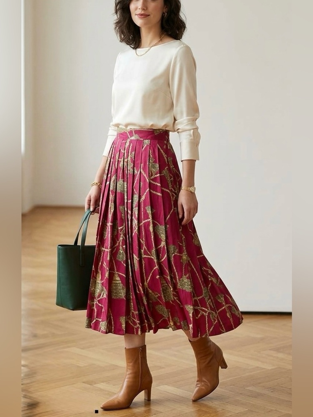 VTG Mondi Germany Luxury Wool Silk Blend Pleated Tassel Maxi Skirt Magenta